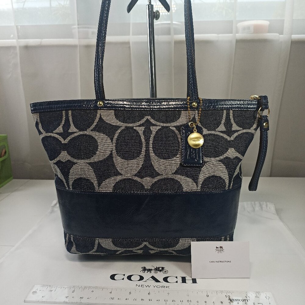 Coach Shopper Medium Blue Gold Tote Purse Signature Stripe Canvas Leather Straps